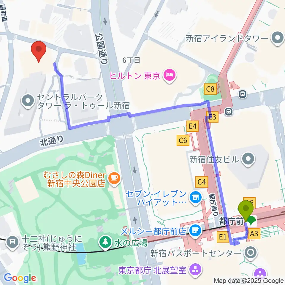 都庁前駅からベルサール新宿セントラルパークへのルートマップ地図