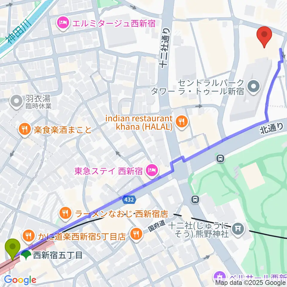 西新宿五丁目駅からベルサール新宿セントラルパークへのルートマップ地図