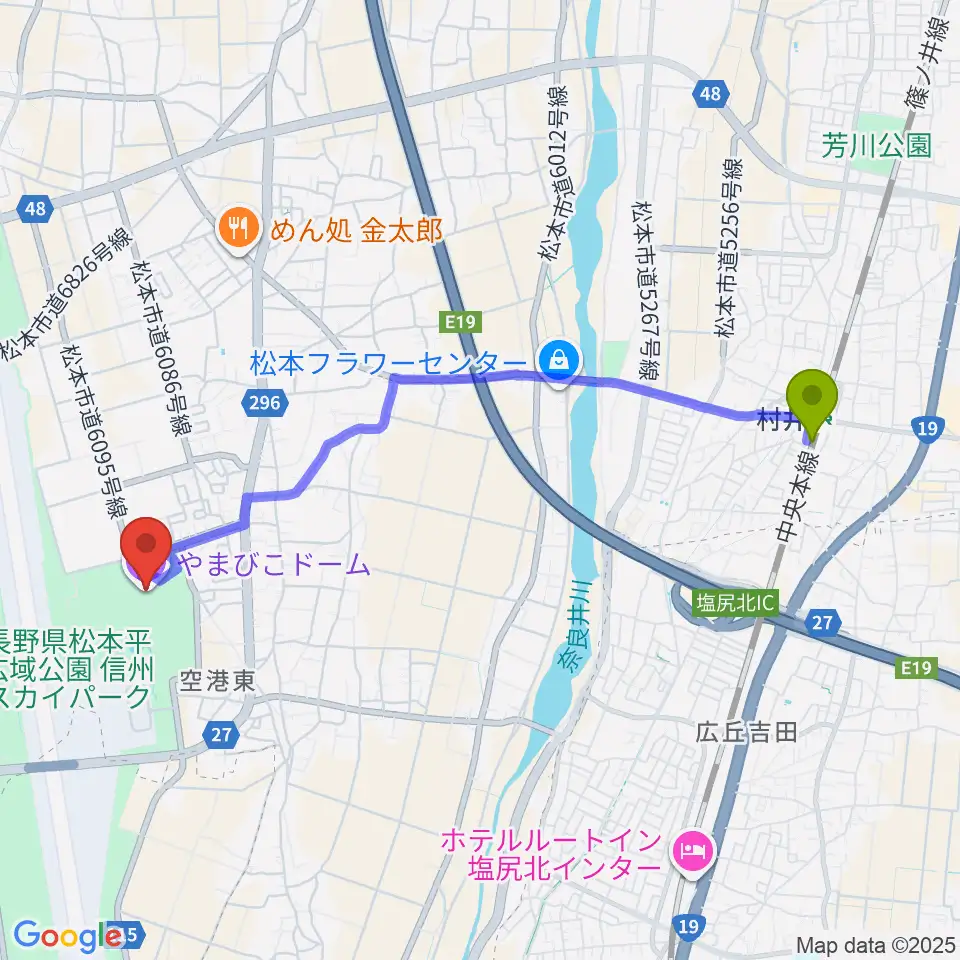 アイネットやまびこドームの最寄駅村井駅からの徒歩ルート（約44分）地図