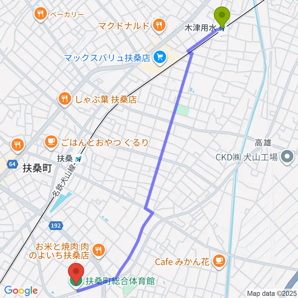 木津用水駅から扶桑町総合体育館～免疫ケアで健康習慣を～へのルートマップ地図