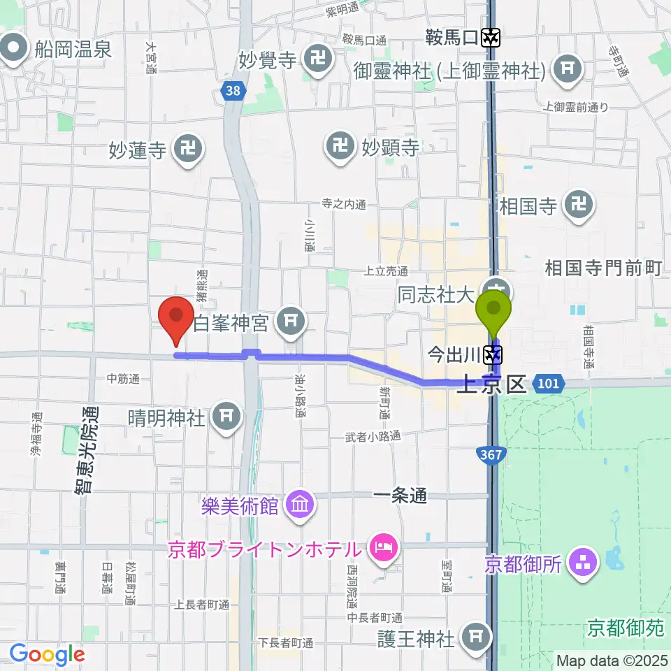 京都市考古資料館の最寄駅今出川駅からの徒歩ルート（約15分）地図