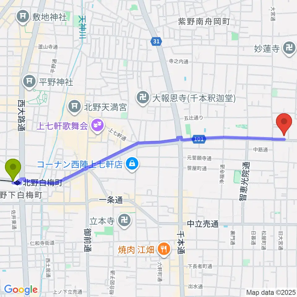 北野白梅町駅から京都市考古資料館へのルートマップ地図
