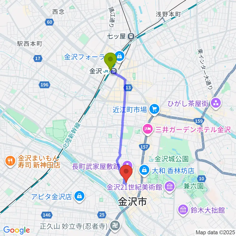 金沢駅から前田土佐守家資料館へのルートマップ地図