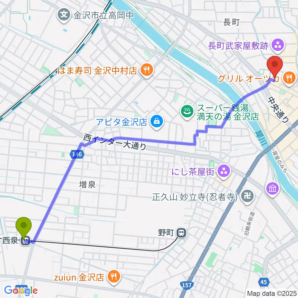西泉駅から前田土佐守家資料館へのルートマップ地図