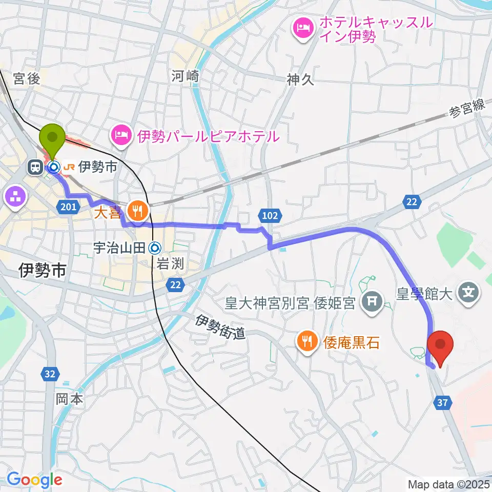 伊勢市駅から佐川記念神道博物館へのルートマップ地図