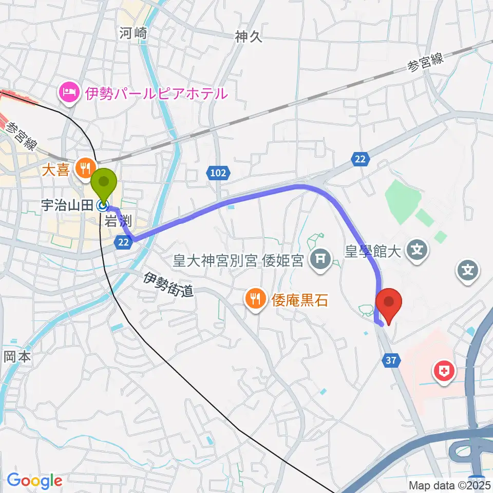 宇治山田駅から佐川記念神道博物館へのルートマップ地図