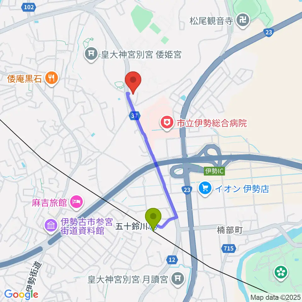 佐川記念神道博物館の最寄駅五十鈴川駅からの徒歩ルート（約14分）地図