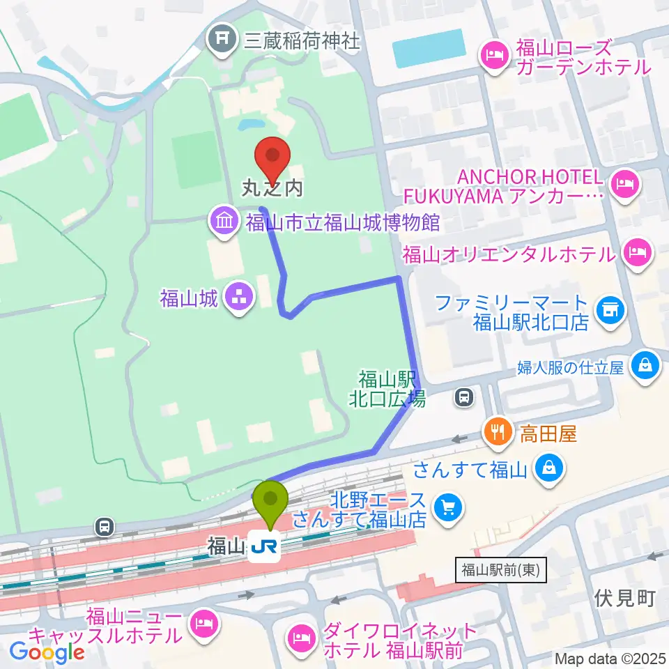 福山城博物館の最寄駅福山駅からの徒歩ルート（約4分）地図