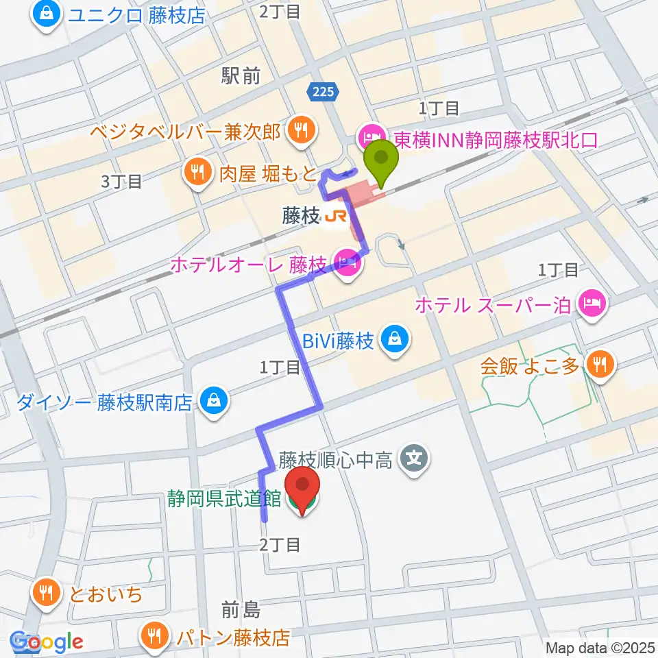 静岡県武道館の最寄駅藤枝駅からの徒歩ルート（約8分）地図