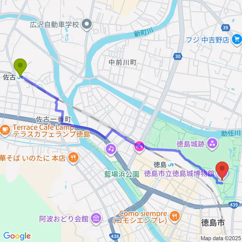 佐古駅から徳島市立徳島城博物館へのルートマップ地図