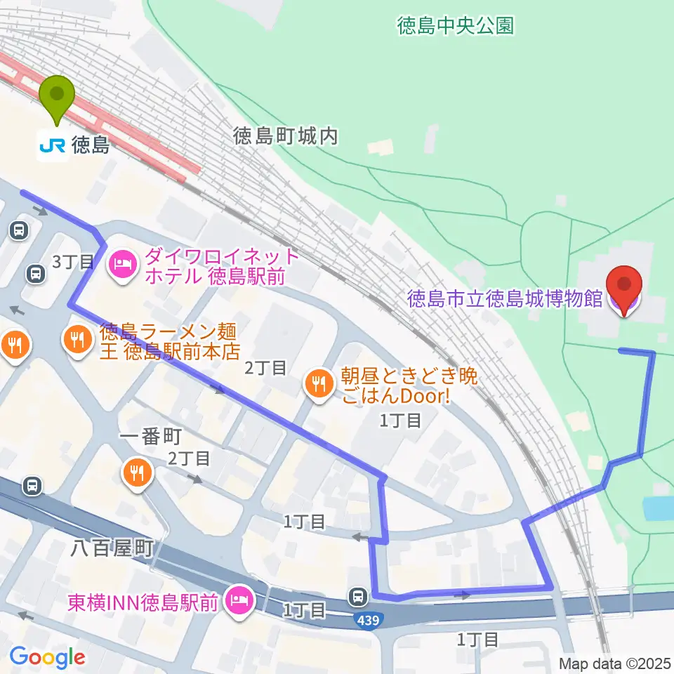 徳島市立徳島城博物館の最寄駅徳島駅からの徒歩ルート（約7分）地図