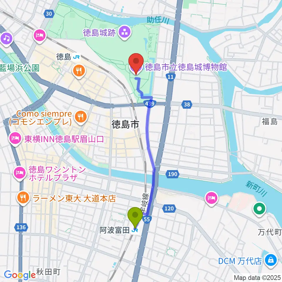 阿波富田駅から徳島市立徳島城博物館へのルートマップ地図