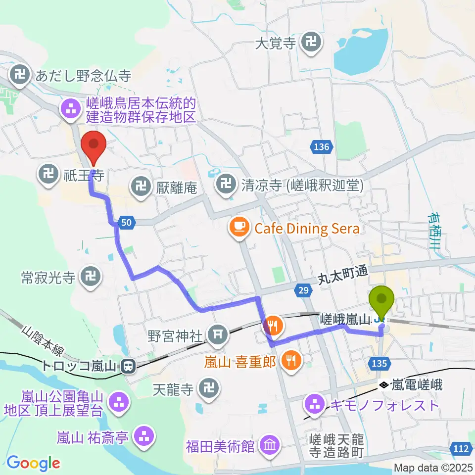 嵯峨嵐山駅から博物館さがの人形の家へのルートマップ地図