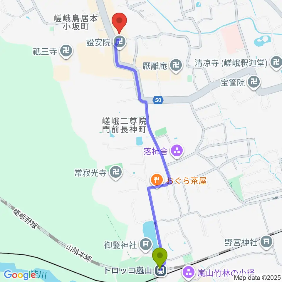 博物館さがの人形の家の最寄駅トロッコ嵐山駅からの徒歩ルート（約13分）地図