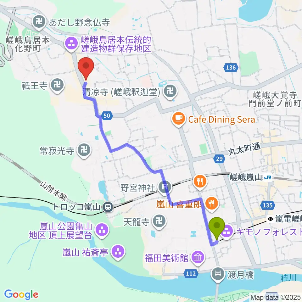 嵐山駅から博物館さがの人形の家へのルートマップ地図