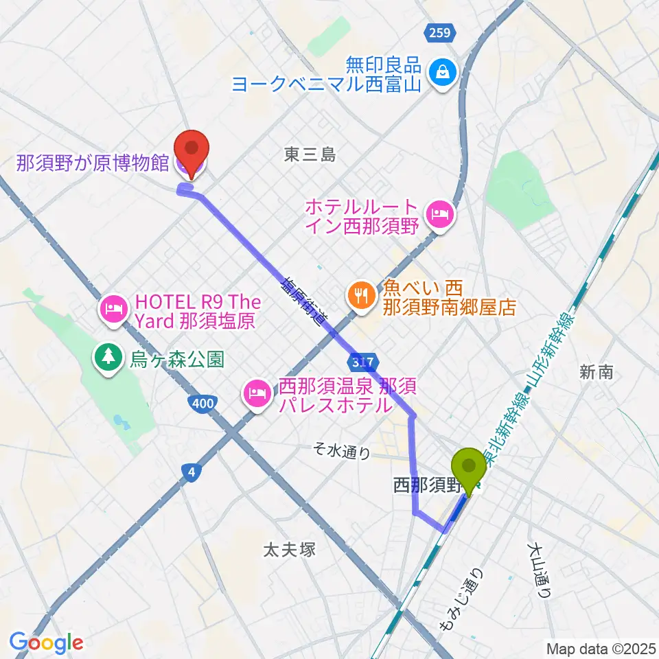那須塩原市那須野が原博物館の最寄駅西那須野駅からの徒歩ルート（約39分）地図