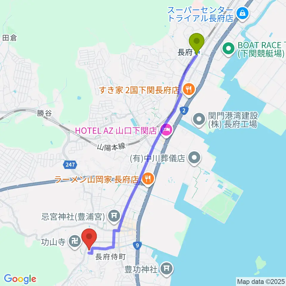 下関市立歴史博物館の最寄駅長府駅からの徒歩ルート（約49分）地図