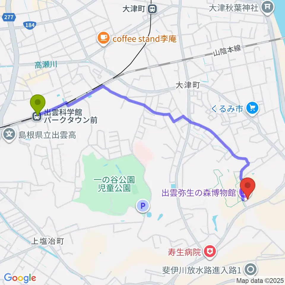 出雲科学館パークタウン前駅から出雲弥生の森博物館へのルートマップ地図