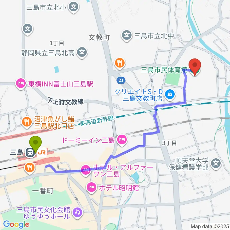 三島市民体育館の最寄駅三島駅からの徒歩ルート（約12分）地図