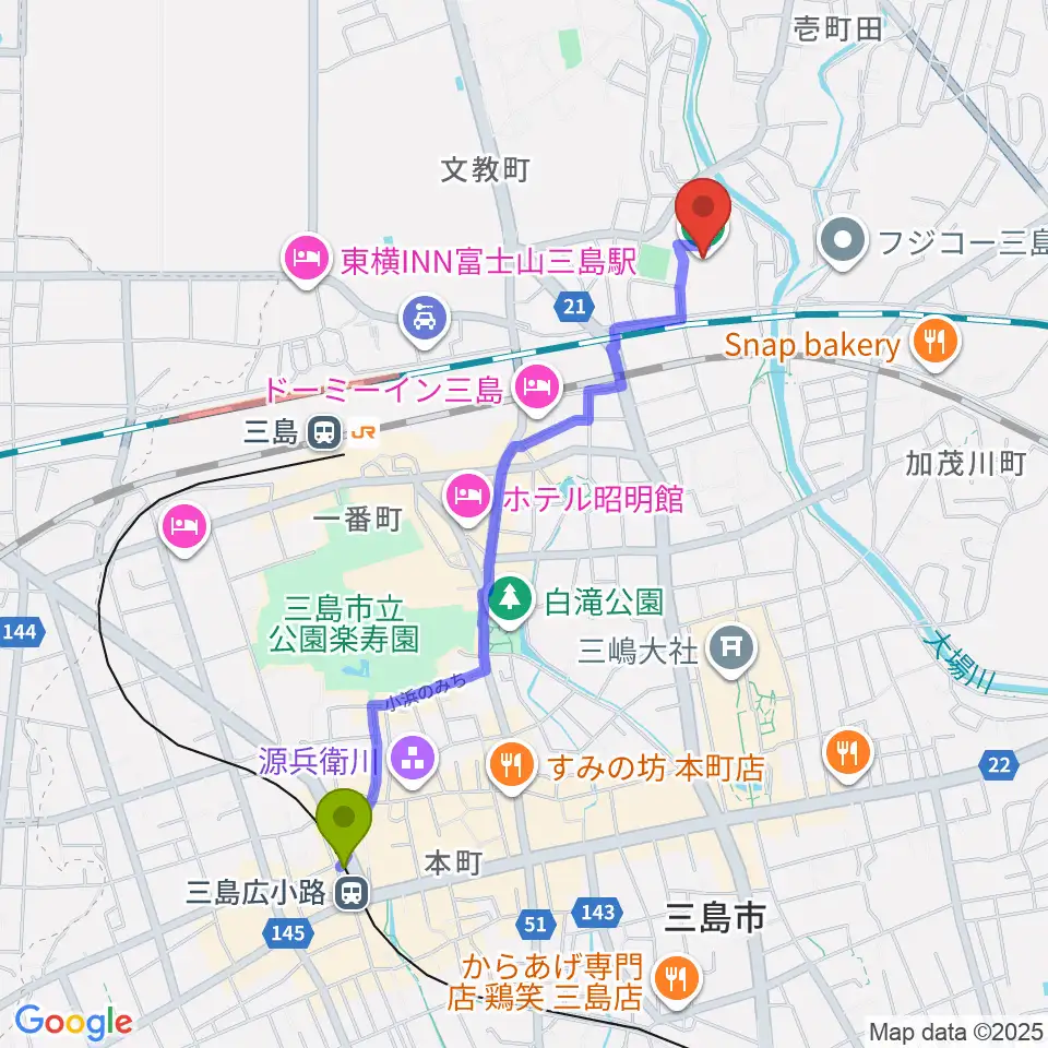 三島広小路駅から三島市民体育館へのルートマップ地図