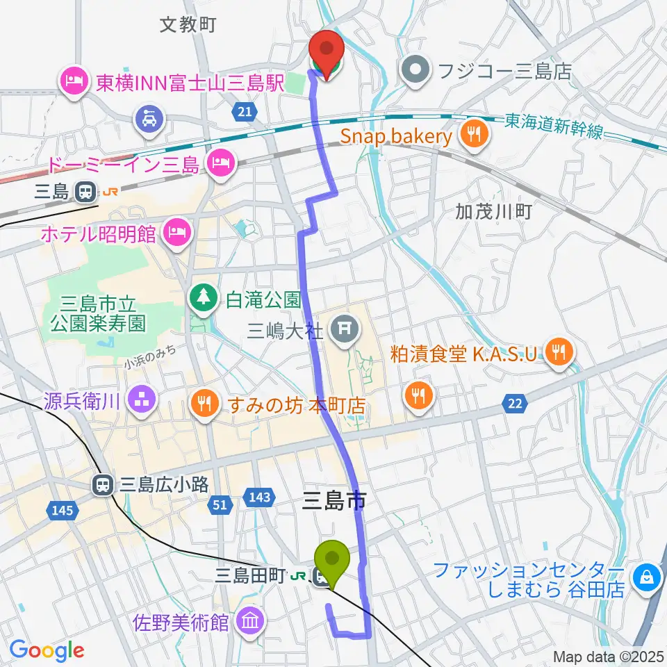 三島田町駅から三島市民体育館へのルートマップ地図