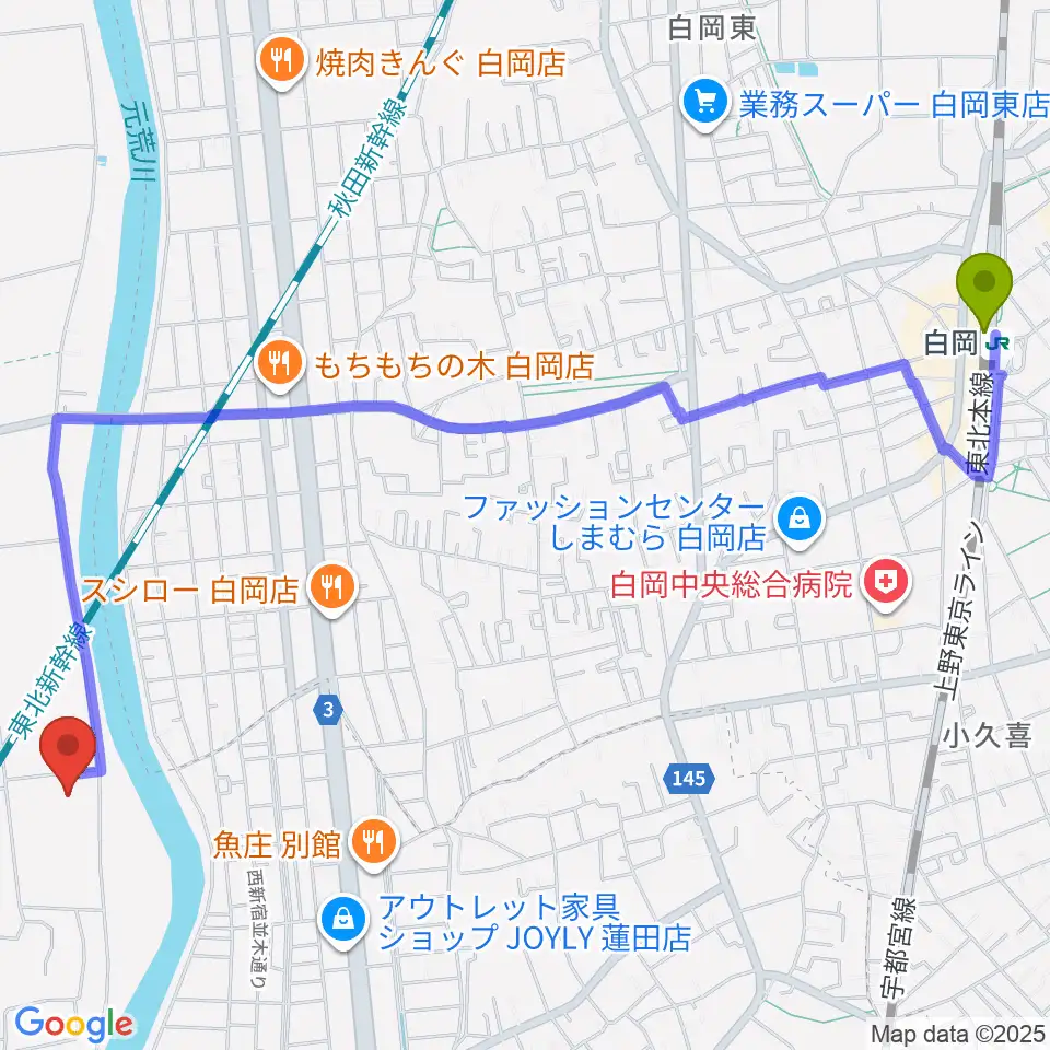 蓮田市総合市民体育館パルシーの最寄駅白岡駅からの徒歩ルート（約30分）地図