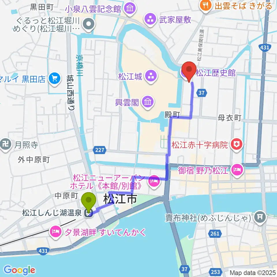 松江歴史館の最寄駅松江しんじ湖温泉駅からの徒歩ルート（約18分）地図