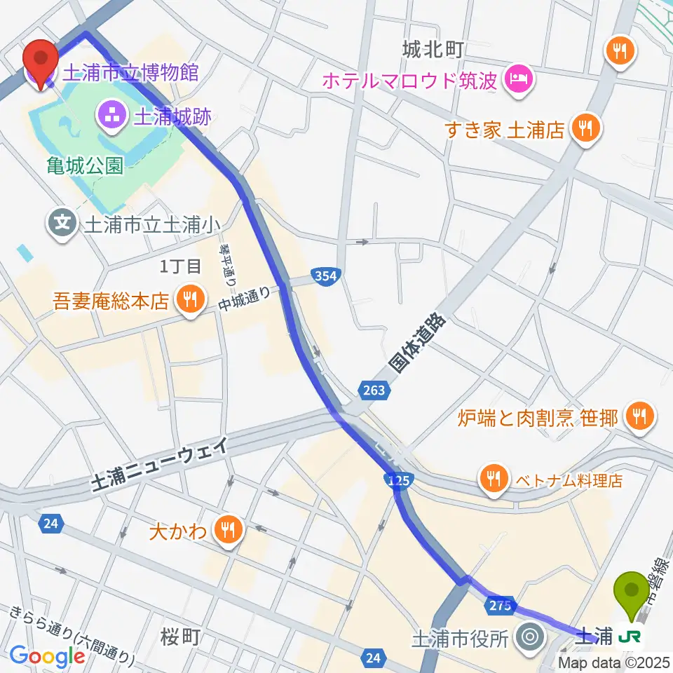 土浦市立博物館の最寄駅土浦駅からの徒歩ルート（約18分）地図