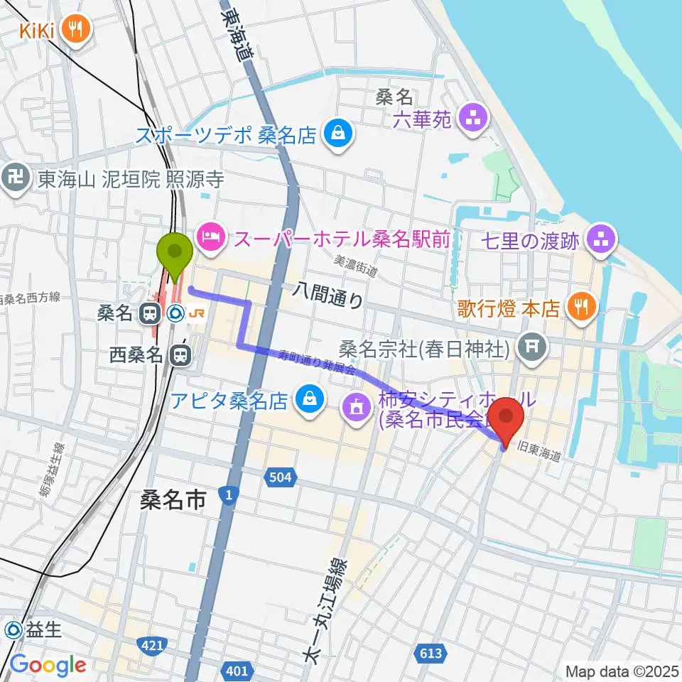 桑名市博物館の最寄駅桑名駅からの徒歩ルート（約17分）地図