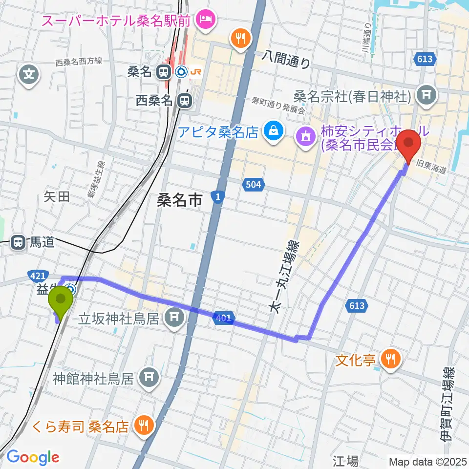 益生駅から桑名市博物館へのルートマップ地図