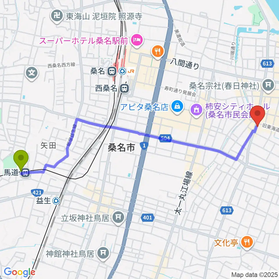 馬道駅から桑名市博物館へのルートマップ地図