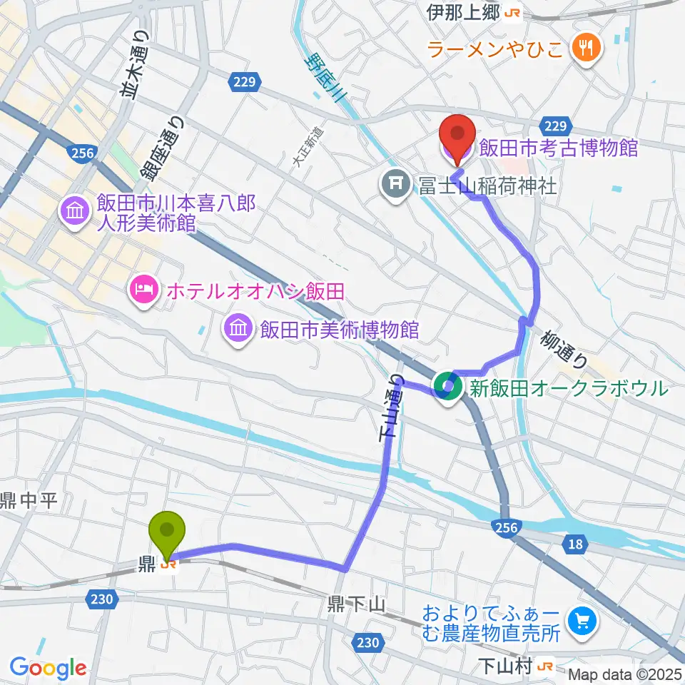 鼎駅から飯田市考古博物館へのルートマップ地図