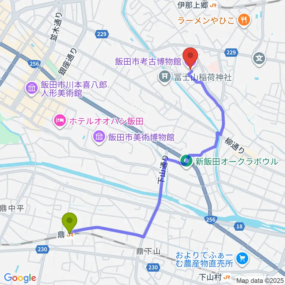 鼎駅から飯田市考古博物館へのルートマップ地図