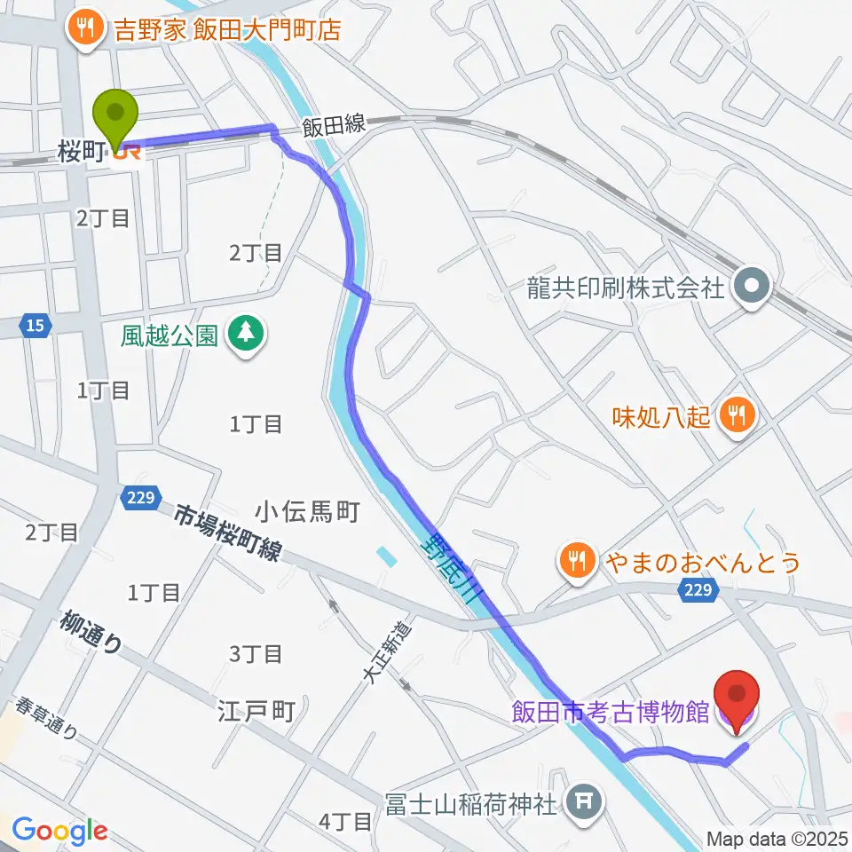 桜町駅から飯田市考古博物館へのルートマップ地図
