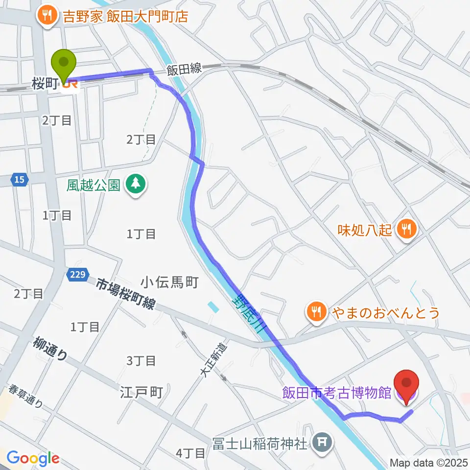 桜町駅から飯田市考古博物館へのルートマップ地図