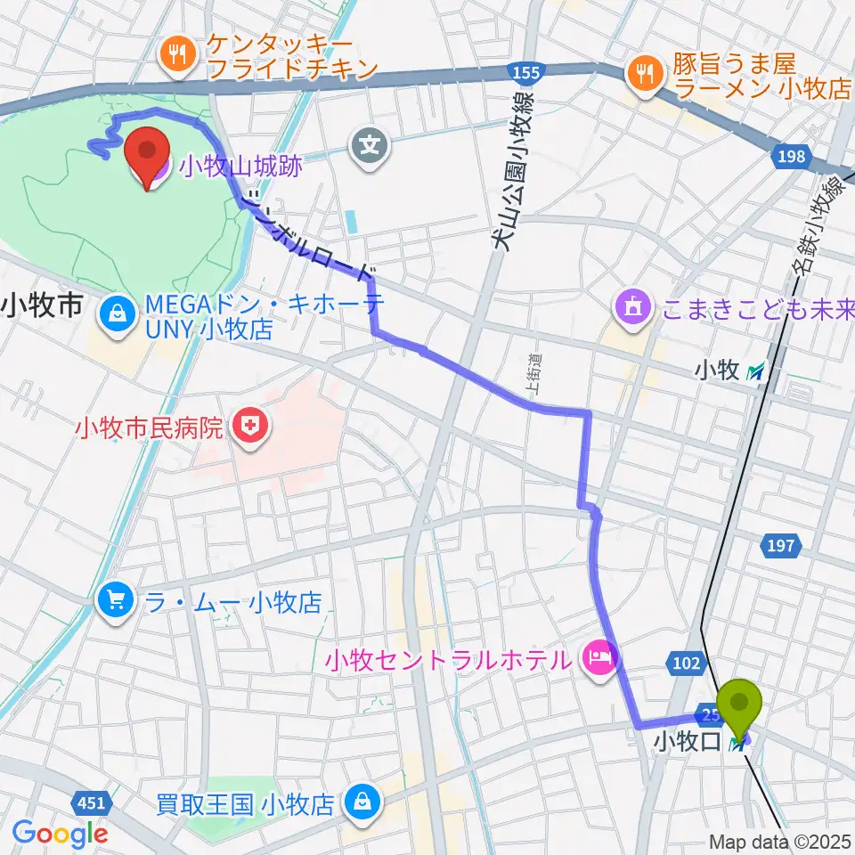 小牧口駅から小牧山歴史館へのルートマップ地図