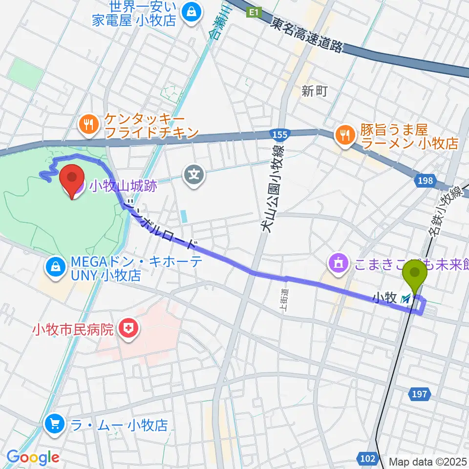 小牧山歴史館の最寄駅小牧駅からの徒歩ルート（約24分）地図