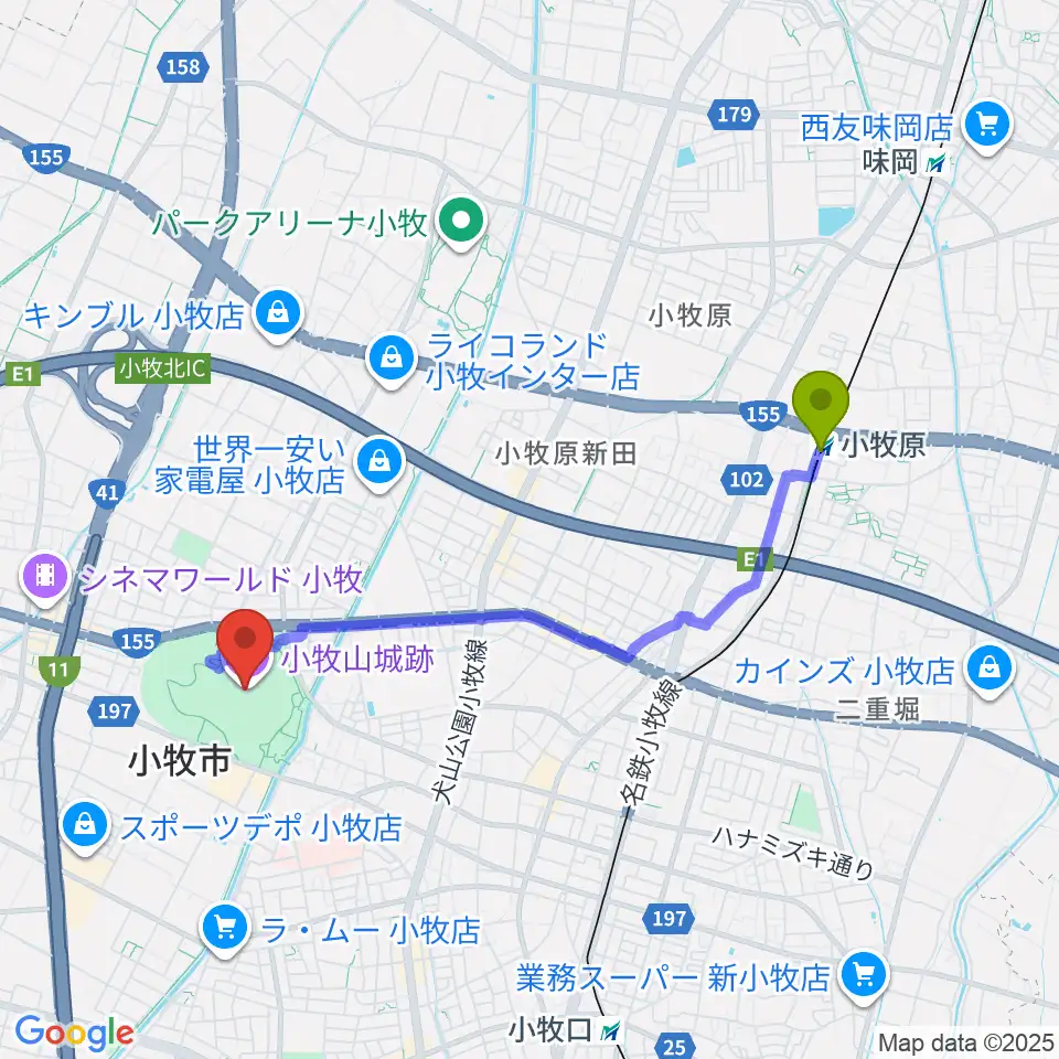 小牧原駅から小牧山歴史館へのルートマップ地図