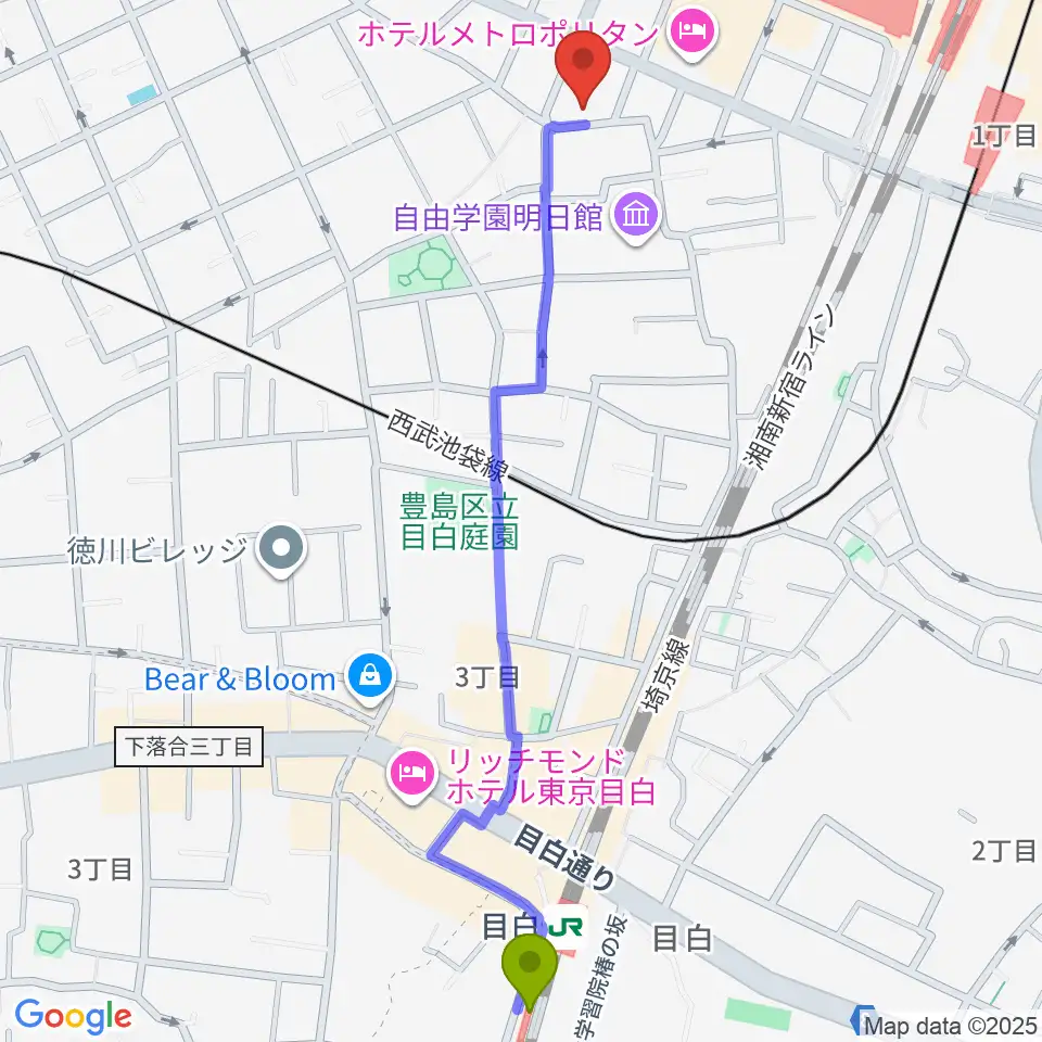 目白駅から豊島区立郷土資料館へのルートマップ地図