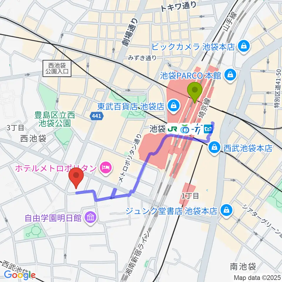 豊島区立郷土資料館の最寄駅池袋駅からの徒歩ルート（約8分）地図