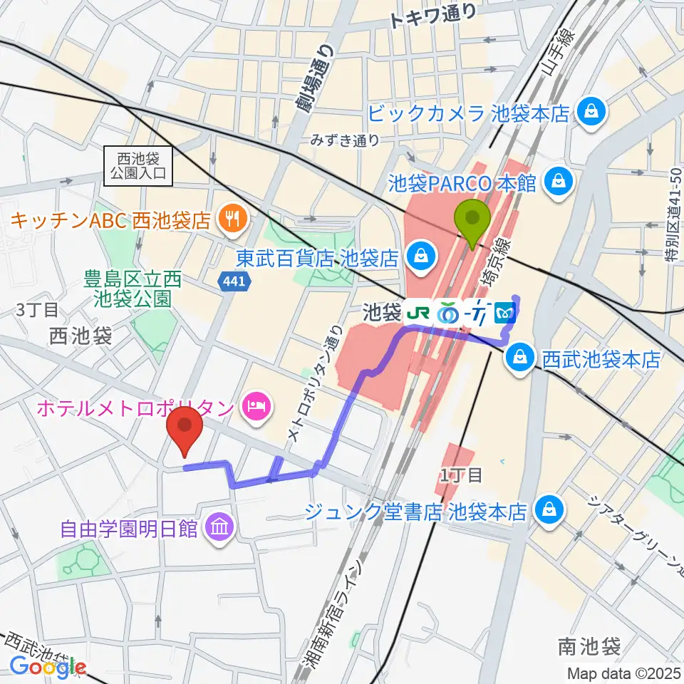 豊島区立郷土資料館の最寄駅池袋駅からの徒歩ルート（約8分）地図