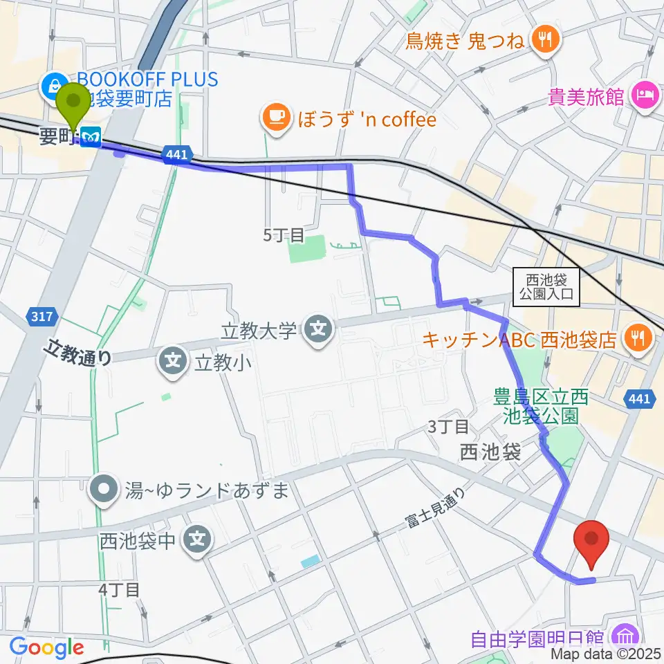 要町駅から豊島区立郷土資料館へのルートマップ地図