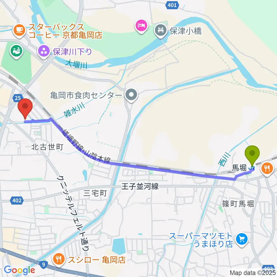 馬堀駅から亀岡市文化資料館へのルートマップ地図