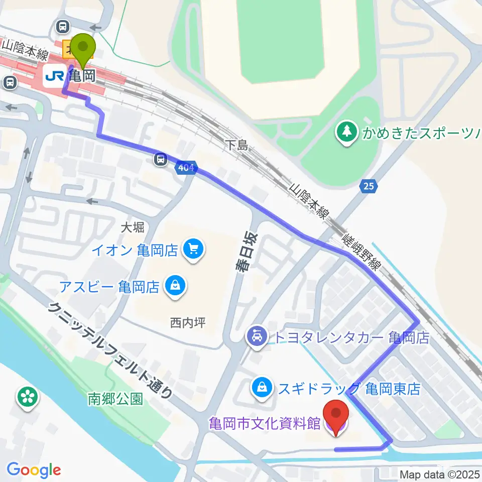 亀岡市文化資料館の最寄駅亀岡駅からの徒歩ルート（約7分）地図
