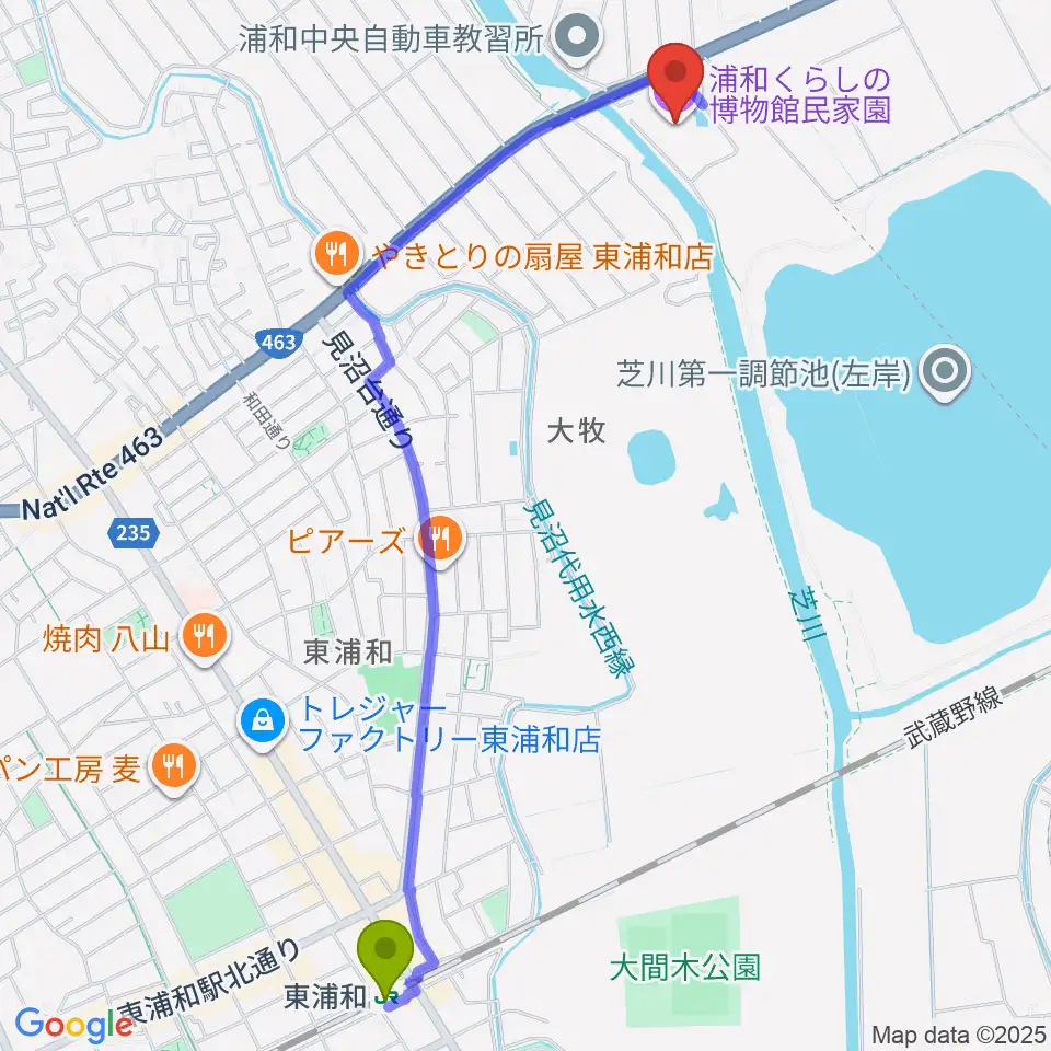 浦和くらしの博物館民家園の最寄駅東浦和駅からの徒歩ルート（約27分）地図