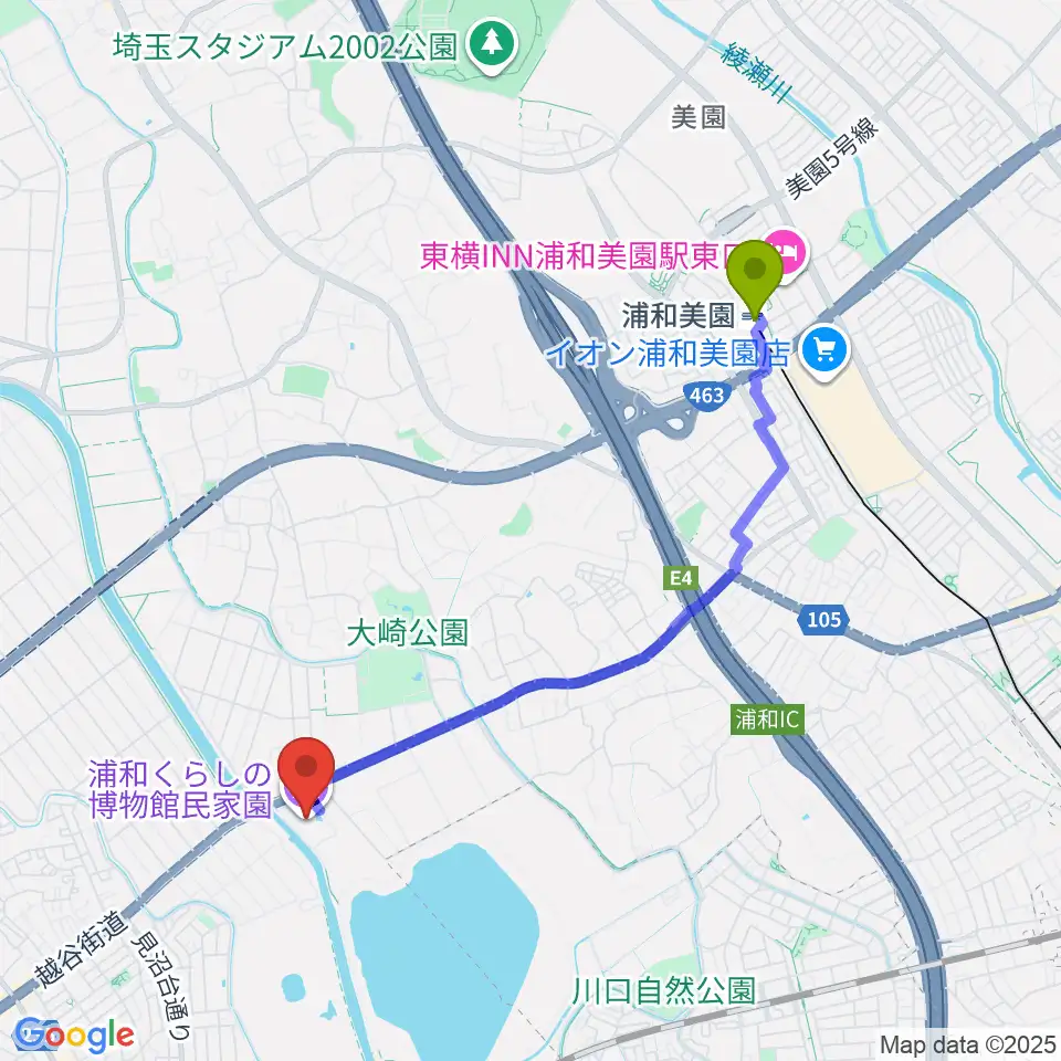 浦和美園駅から浦和くらしの博物館民家園へのルートマップ地図