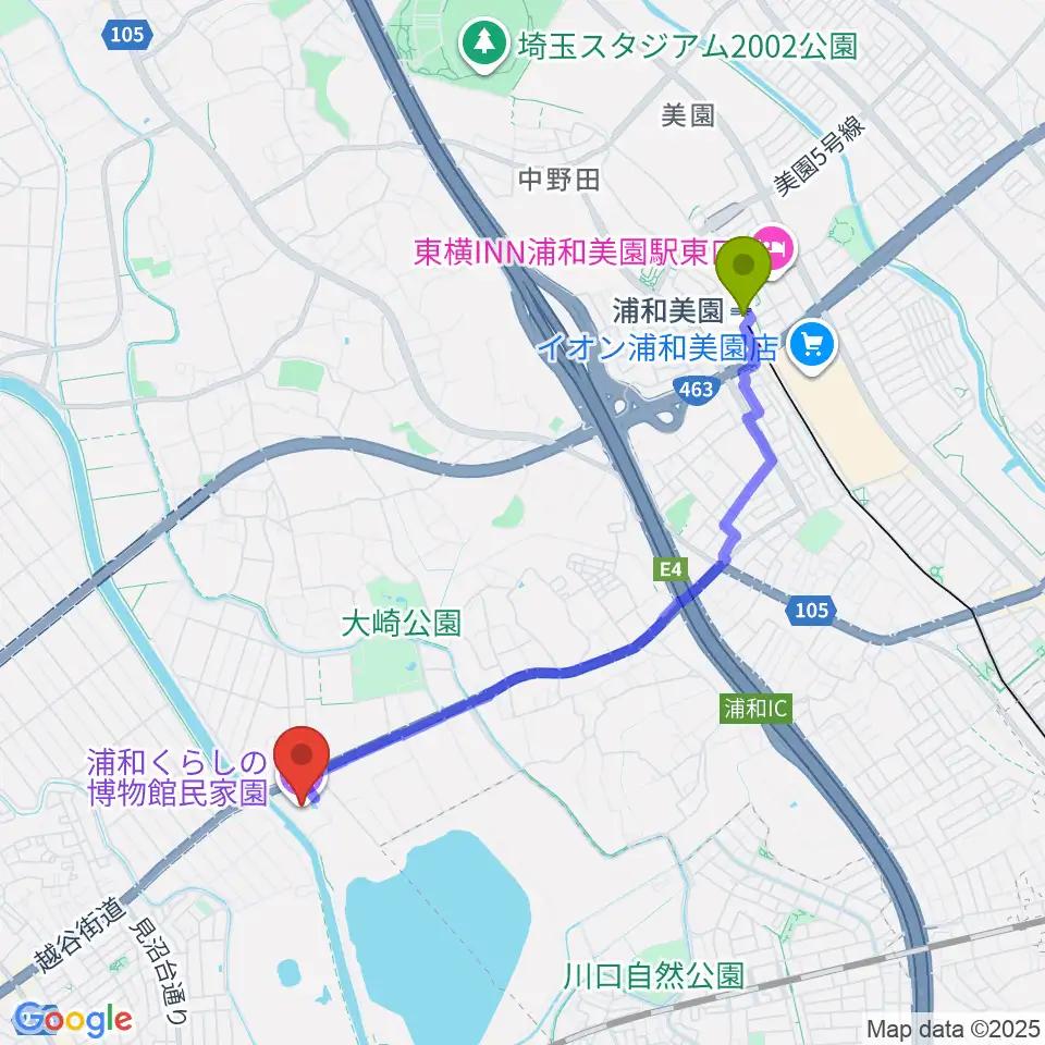 浦和美園駅から浦和くらしの博物館民家園へのルートマップ地図