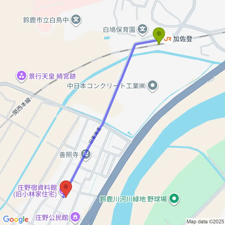庄野宿資料館の最寄駅加佐登駅からの徒歩ルート（約12分）地図