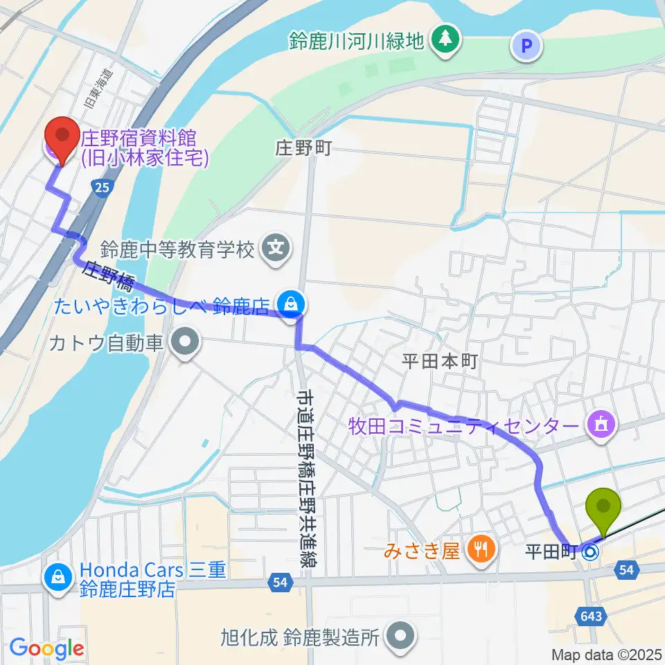 平田町駅から庄野宿資料館へのルートマップ地図