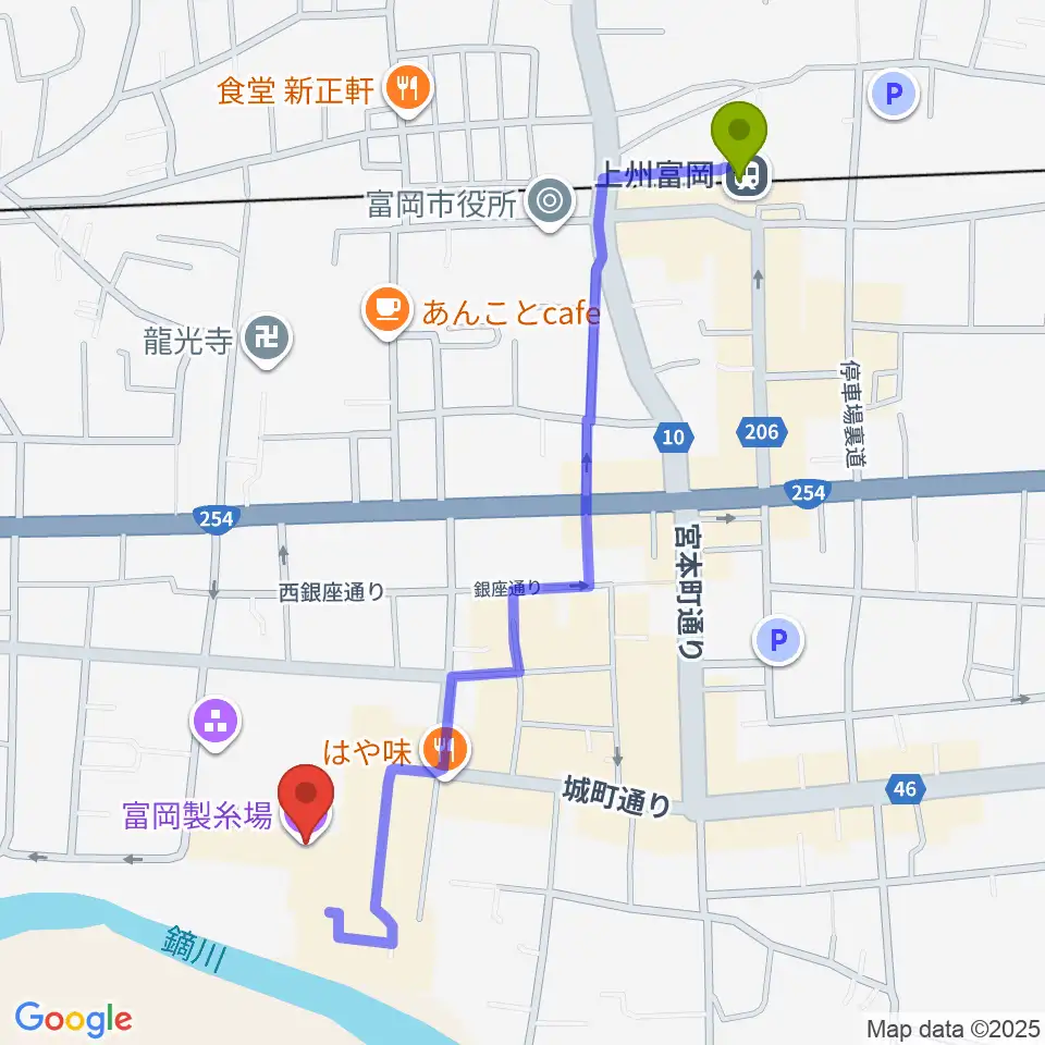 富岡製糸場の最寄駅上州富岡駅からの徒歩ルート（約12分）地図